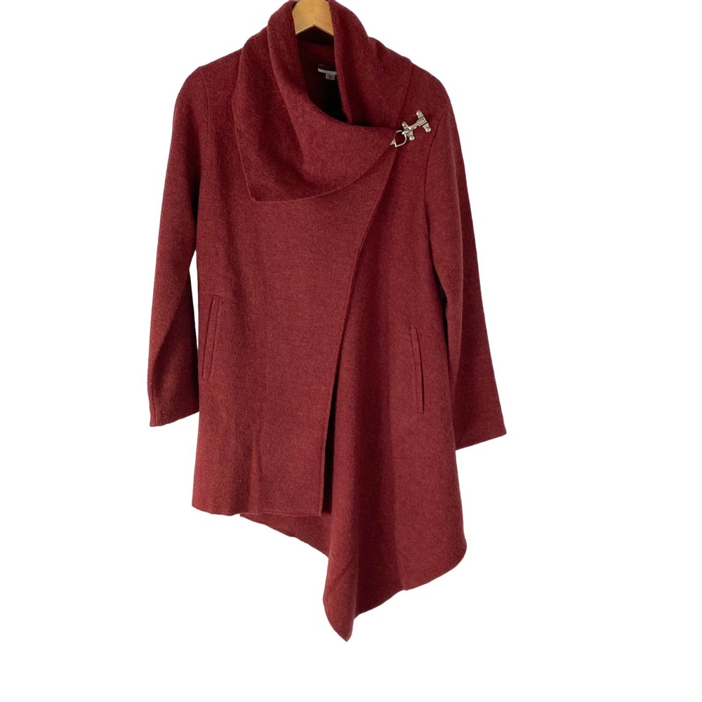 Garnet Hill Women's Asymmetrical Boiled Wool Coat Wrap Sweater Size 8 Burgundy